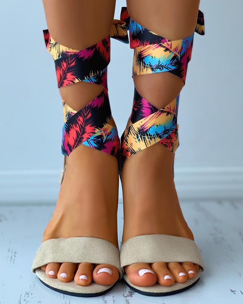 

Palm Tree Print Strappy Suede Flat Sandals, Apricot