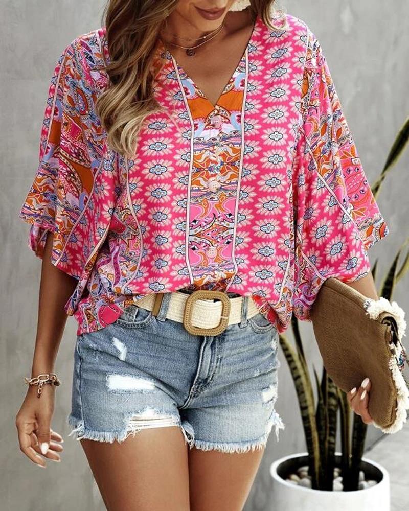 

Tribal Print Button Front Top, Pink