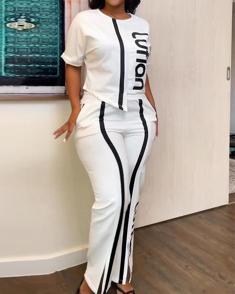 

Letter Print Contrast Paneled Top & Pocket Design Pants Set, White