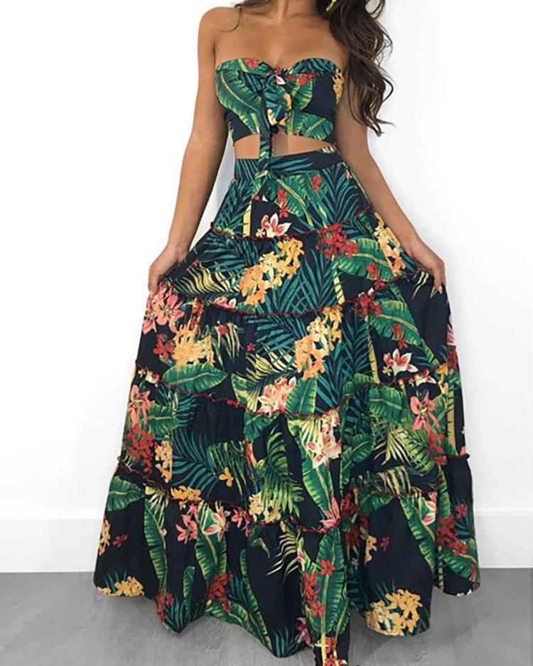 

Tropical Print Crop Top & Maxi Skirt Set, Green