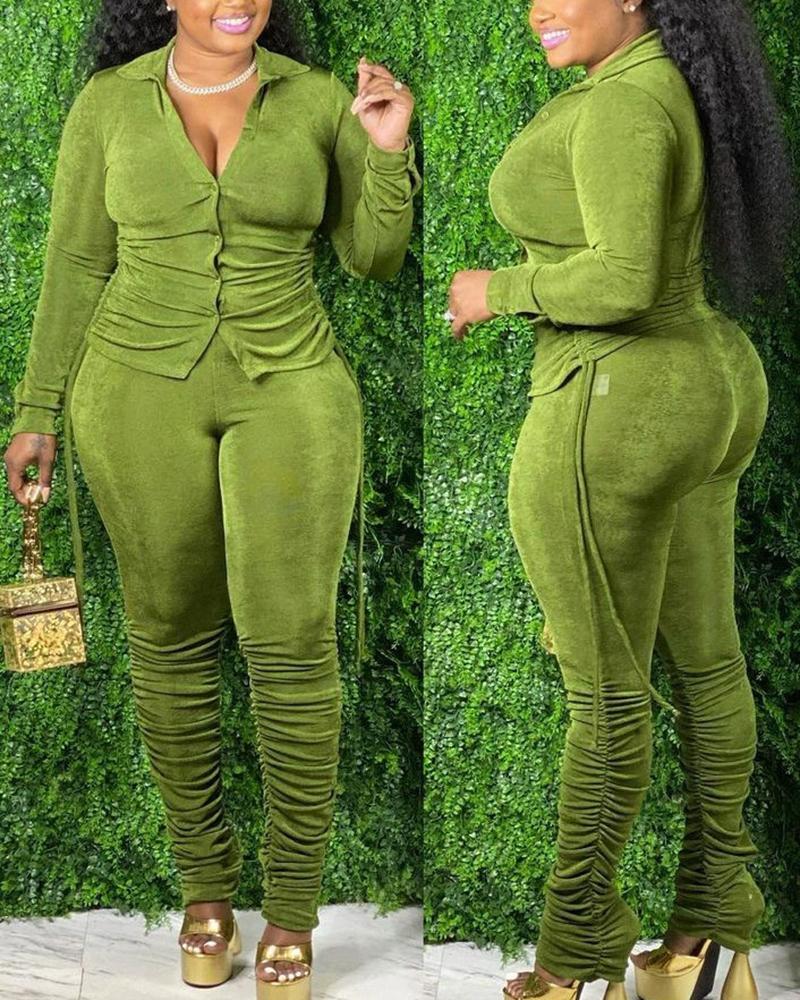 

Ruched Long Sleeve Top & High Waist Pants Set, Green