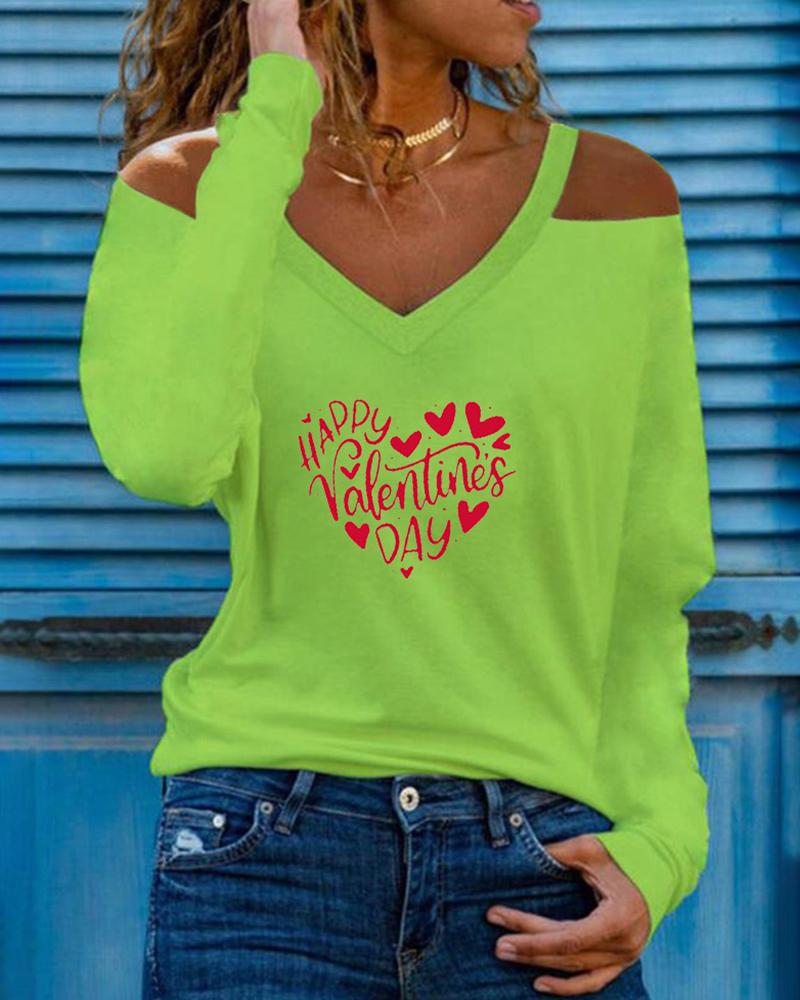 

Cold Shoulder Letter Heart Print Top, Green