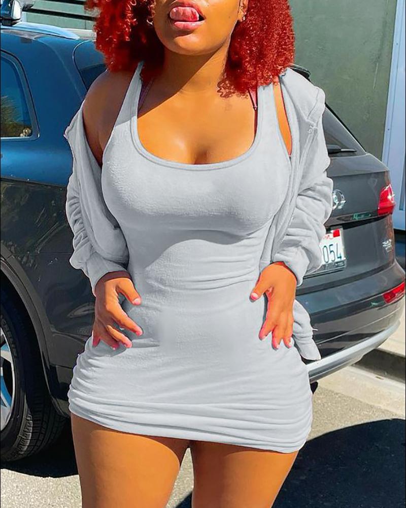 

Sleeveless Bodycon Dress With Long Sleeve Hooded Coat, Gray