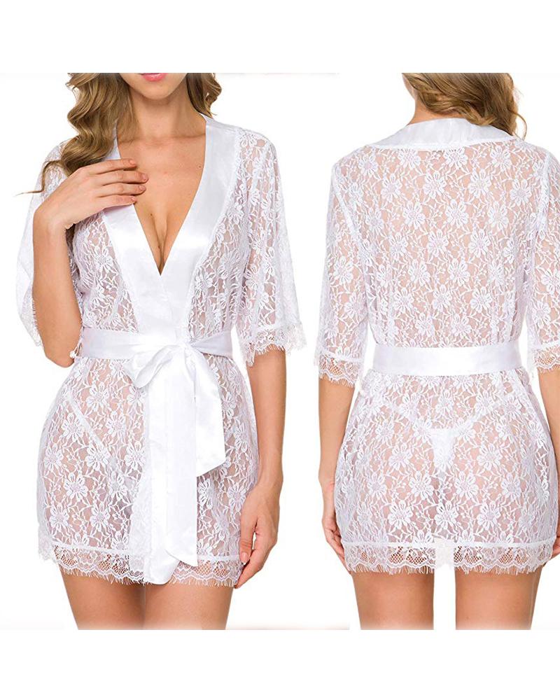

Sexy Lace Short Sleeve Lace-up Nightgown, White