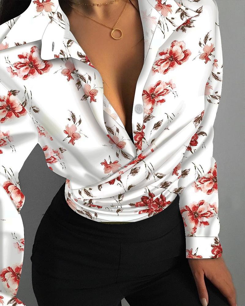 

Floral Print Long Sleeve Button Front Shirt, White