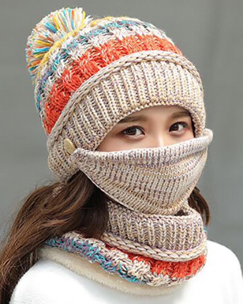 

Women Girls Knitted Hat scarf Mask Set Winter Fleece Lined Beanie Knit Ear Flaps Hat With Pom Pom, Nude