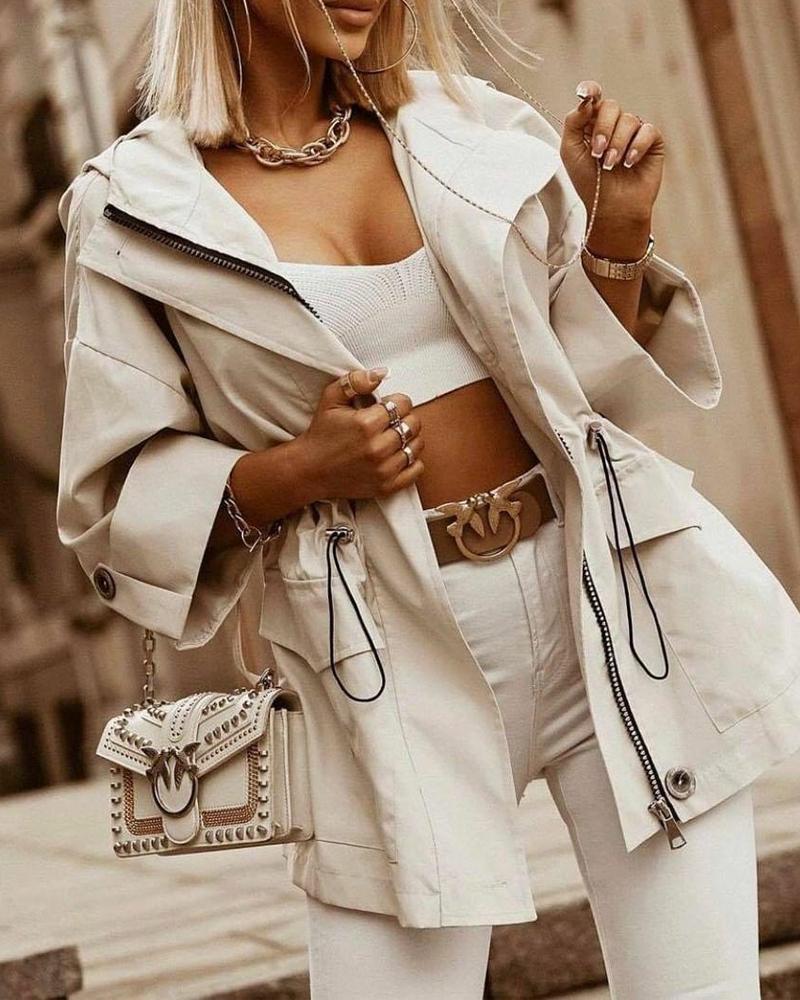 

Zipper Front Drawstring Waist Trench Coat, Apricot