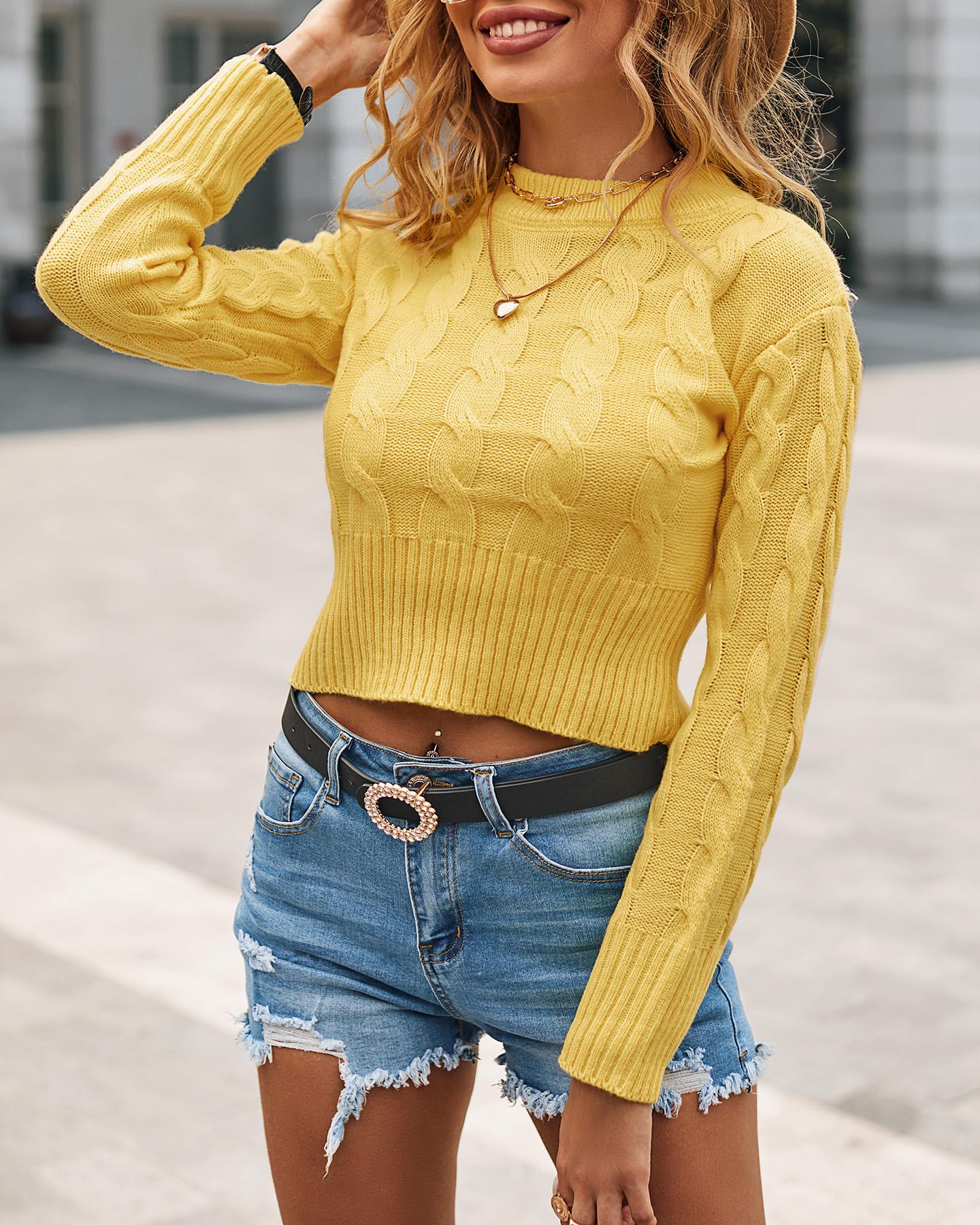 

Braided Long Sleeve Knit Crop Sweater, Yellow