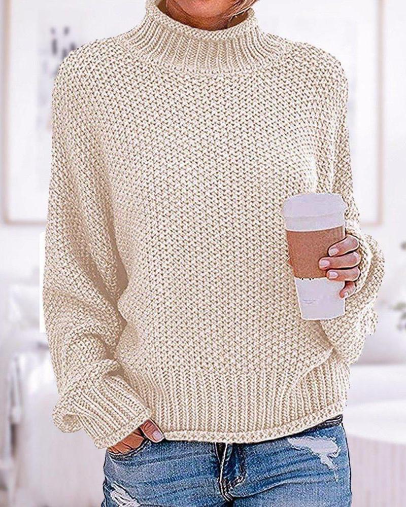 

Long Sleeve High Neck Chunky Knit Sweater, Apricot
