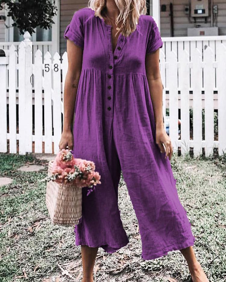 

Button Up Short Sleeve Wide Leg Jumpsuit, Purple
