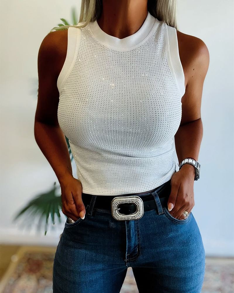 

Débardeur sans manches à col rond orné de strass, White