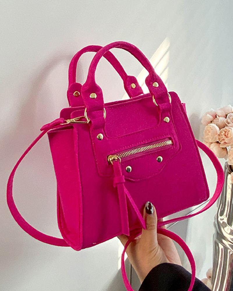 

Zipper Detail Magnet Felt Square Satchel Bag, Hot pink