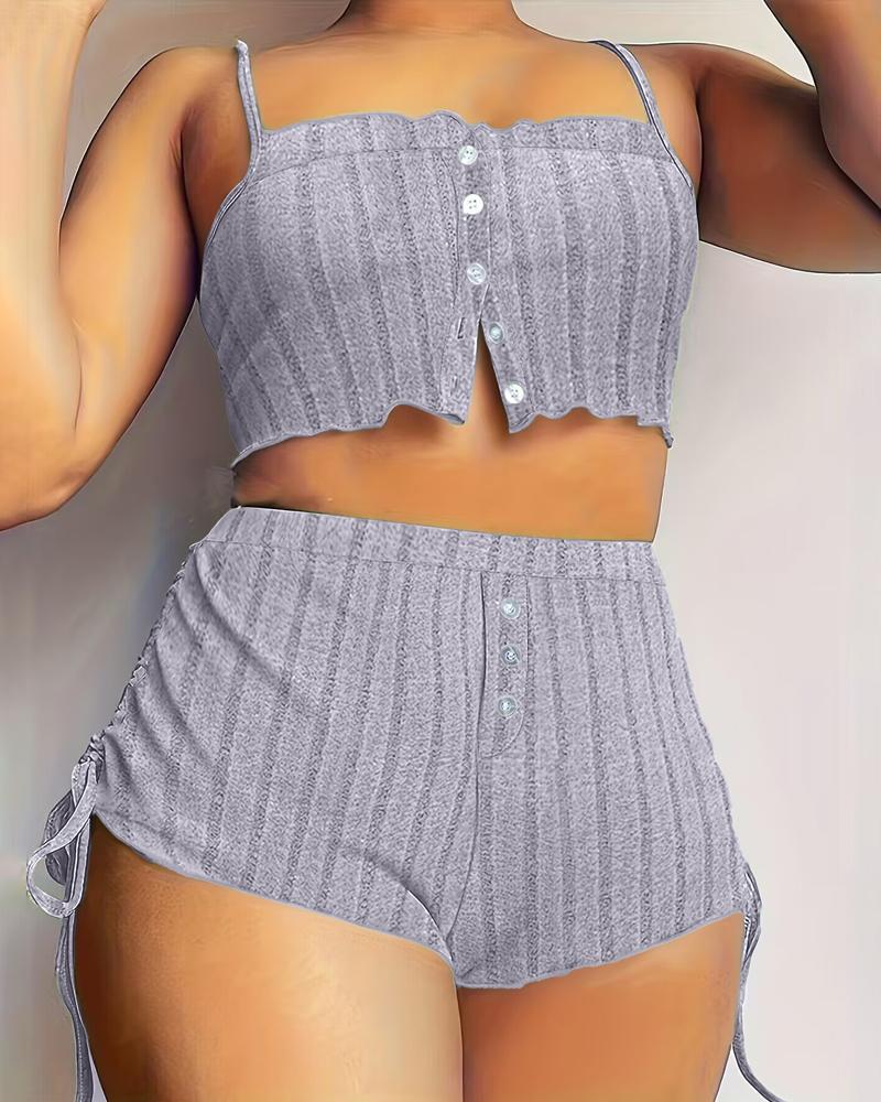 

Side Tied Detail Buttoned Ribbed Cami Set, Gray