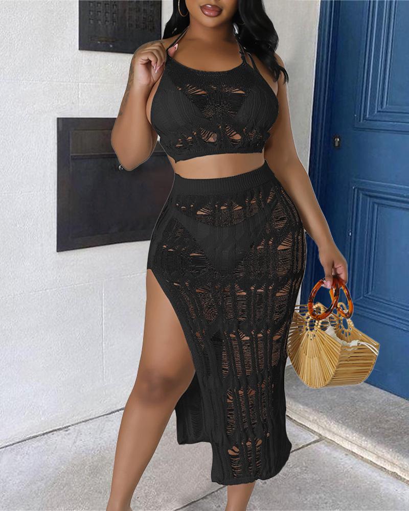 

Hollow Out Crochet Cover Up Crop Top & Slit Skirt Set, Black
