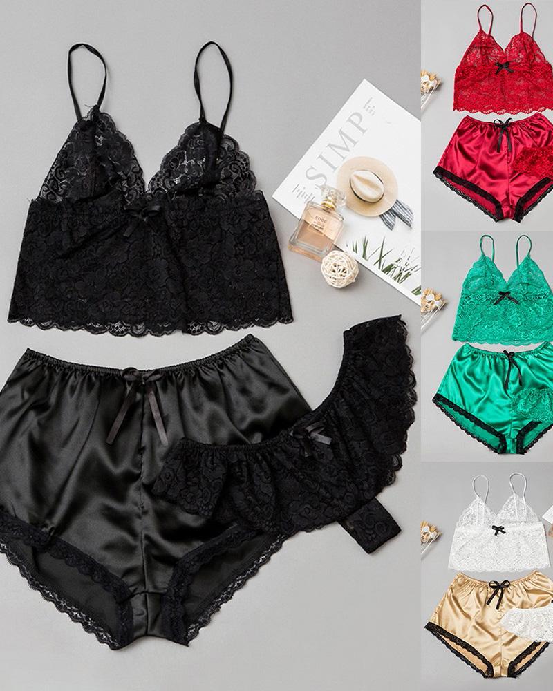 

Satin Crochet Lace Cami Set With Panty, Black