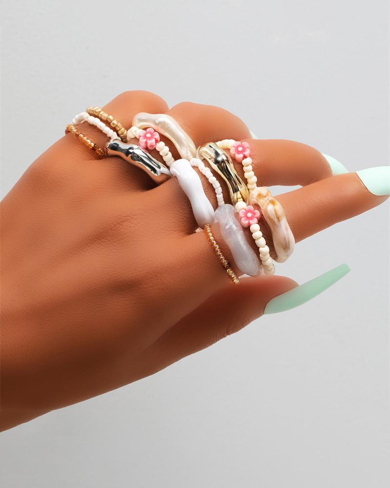 

14pcs Floral Pattern Beaded Bohemian Rings Set, Style5