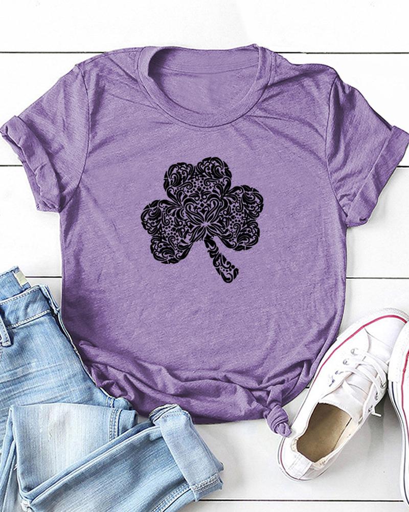 

St.Patrick' Day Clover Print Short Sleeve T-Shirt, Purple