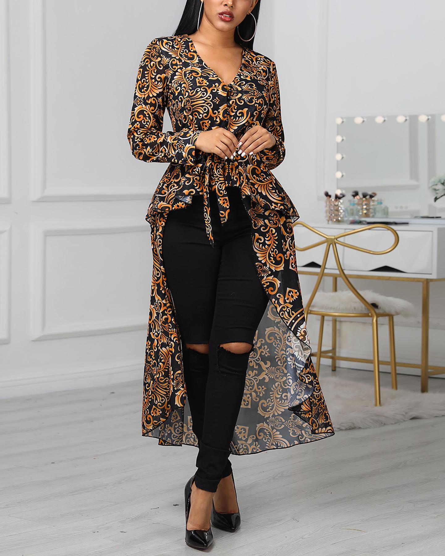 

Baroque Print Long Sleeve Dip Hem Blouse, Brown