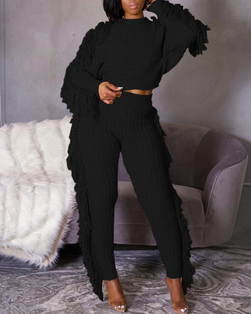 

Tassel Design Knit Top & High Waist Pants Set, Black