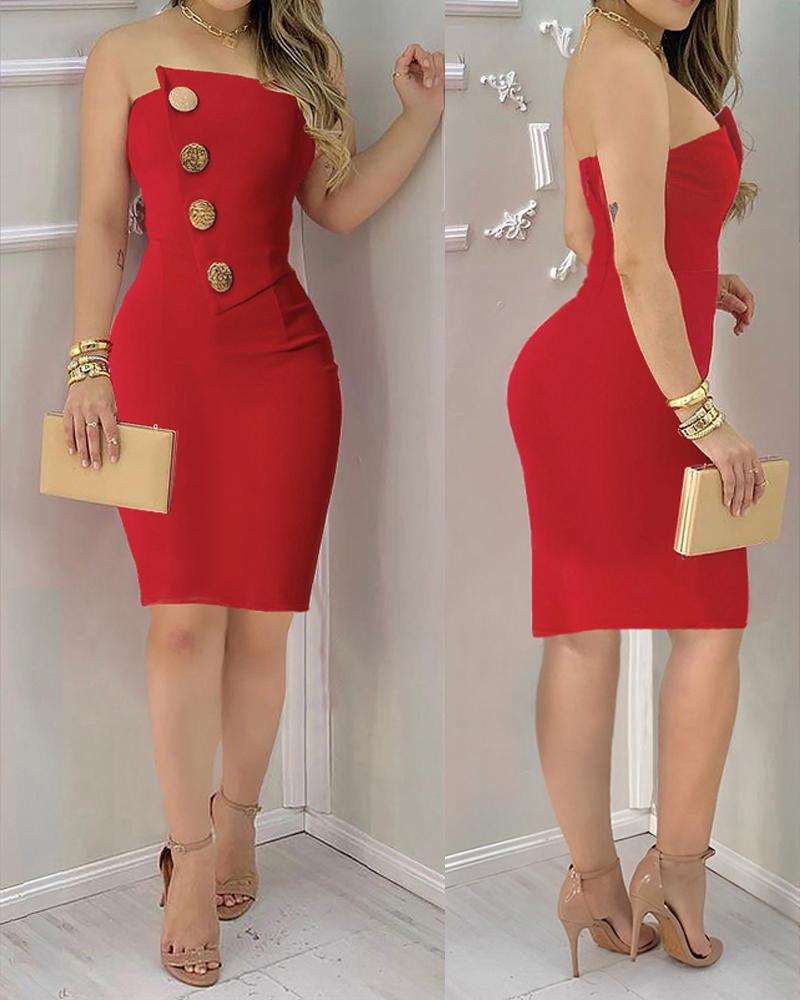 

Bandeau Sleeveless Slim Fit Asymmetrical Front Metal Button Bodycon Party Mini Dress, Red