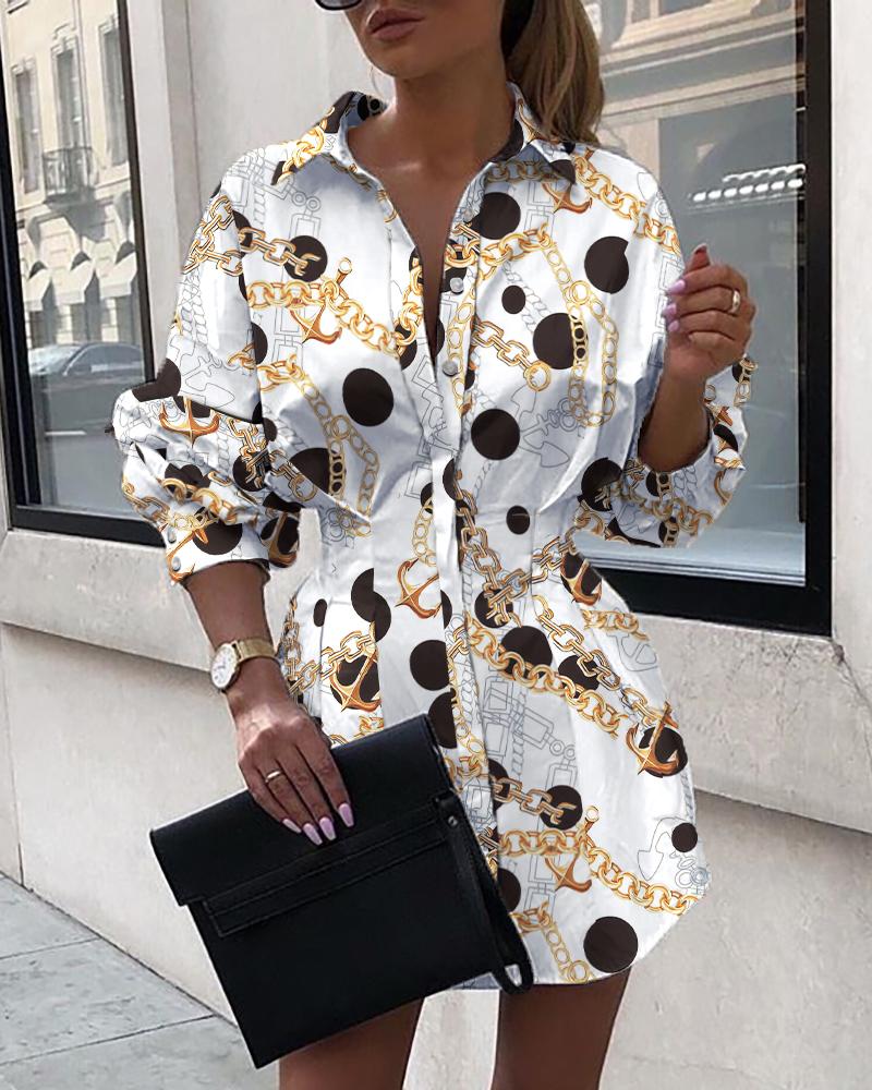 

Polka Dot Chain Print Button Up Tight Waist Shirt Dress, White