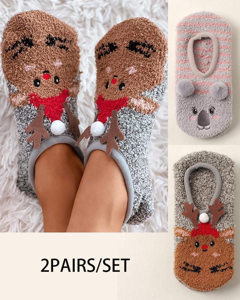 

2Pairs Christmas Elk Cartoon Thermal Fuzzy Socks Set, Gray