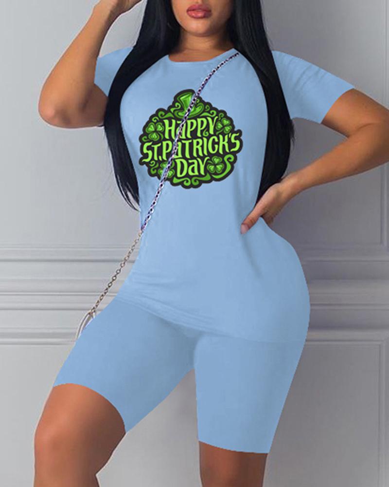

St. Patrick' Day Lucky Shamrock Print Casual Top & Shorts Set, Lighted blue