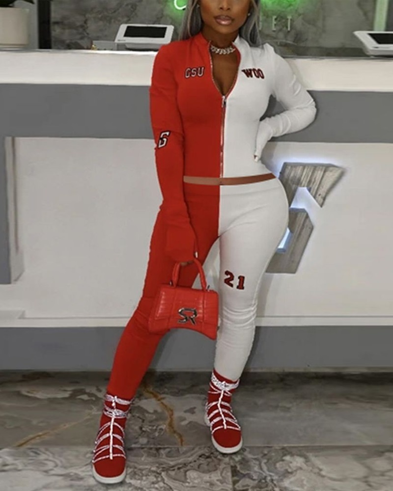 

Colorblock Thumb Hole Long Sleeve Zip Up Top & Pants Set, Red