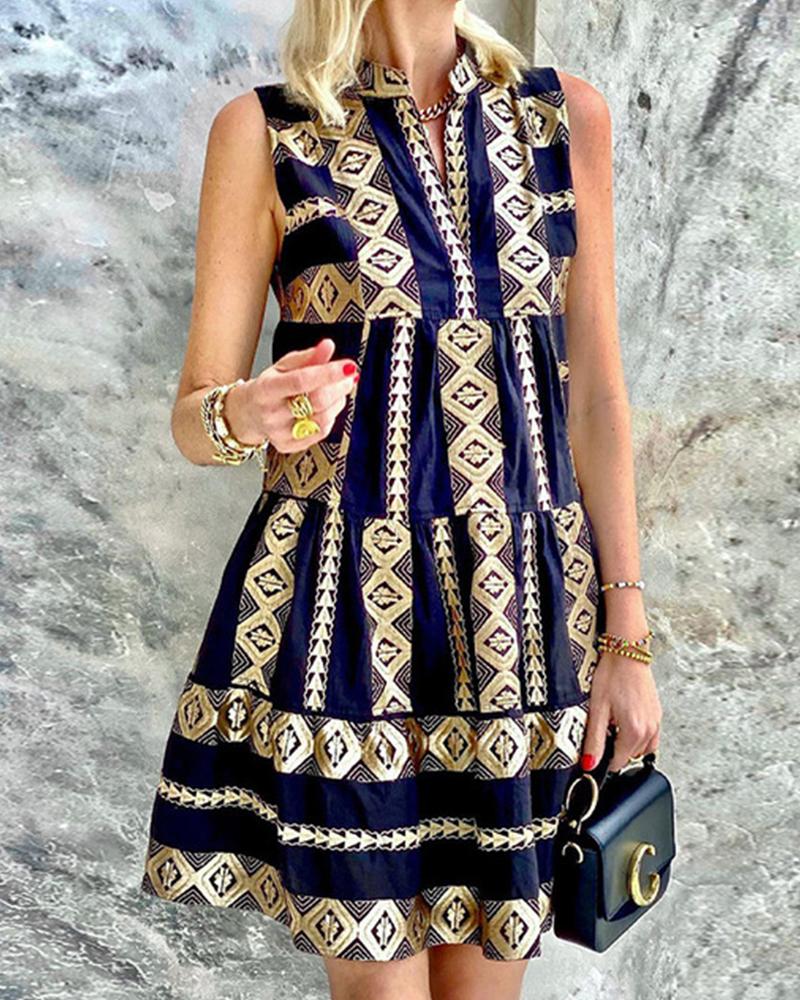 

Vintage Tribal Print Sleeveless Swing Dress, Purplish blue