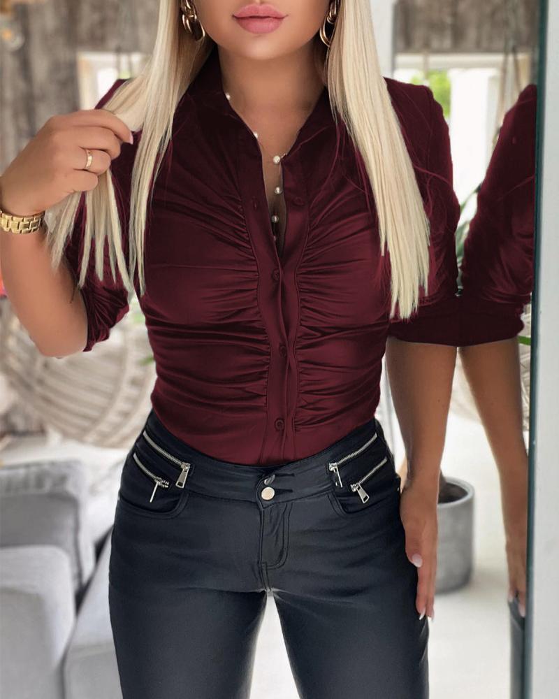 

PU Leather Ruched Button Down Shirt, Wine red