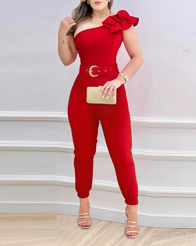 

One Shoulder Ruffle Hem Belted Jumpsuit, Red