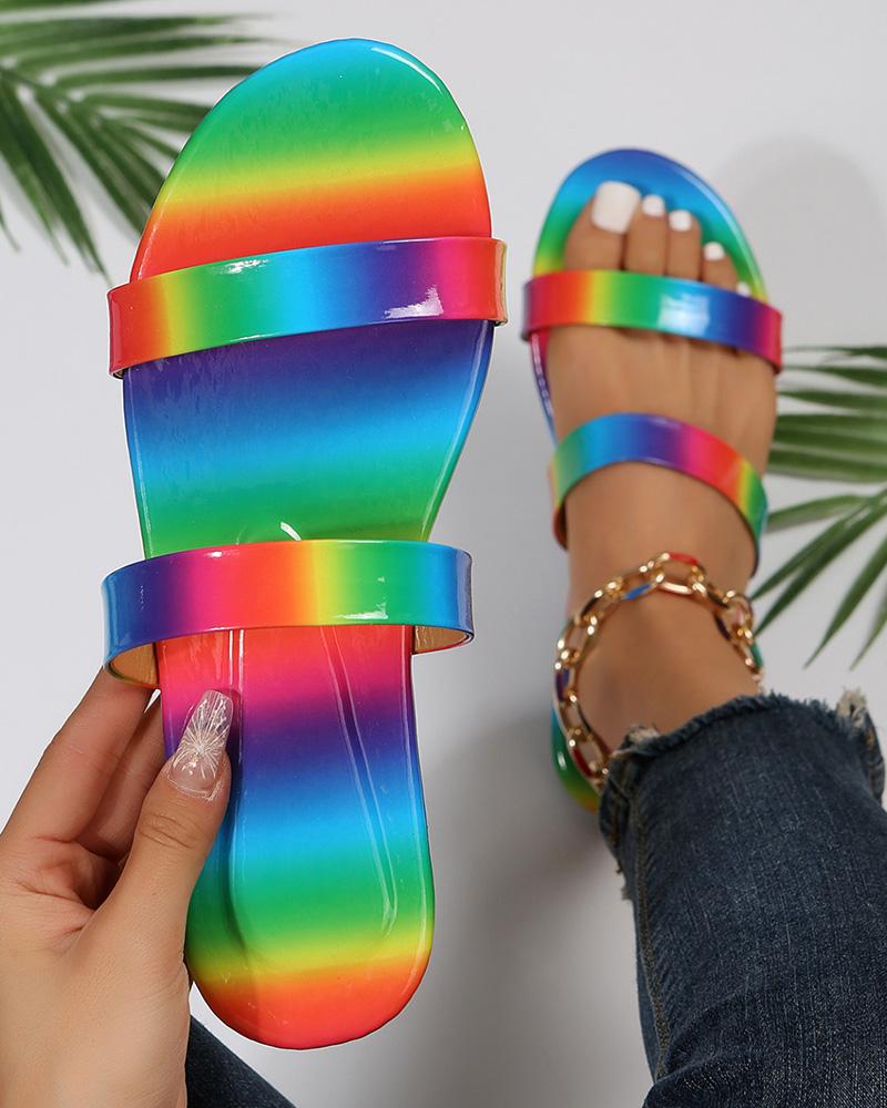 

Rainbow Stripe Print Ombre Summer Beach Slippers, Multicolor