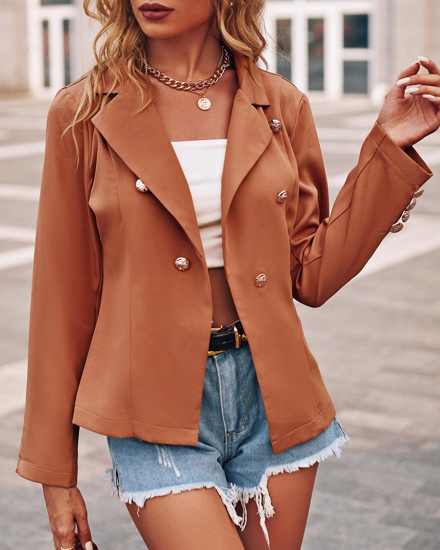 

Double Breasted Long Sleeve Blazer Coat, Khaki