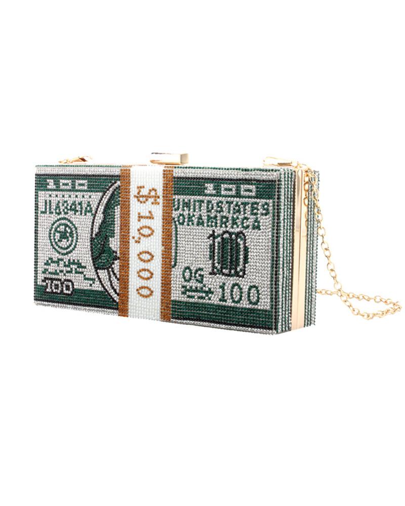 

Dollar Pattern Studded Beaded Chain Bag, Green