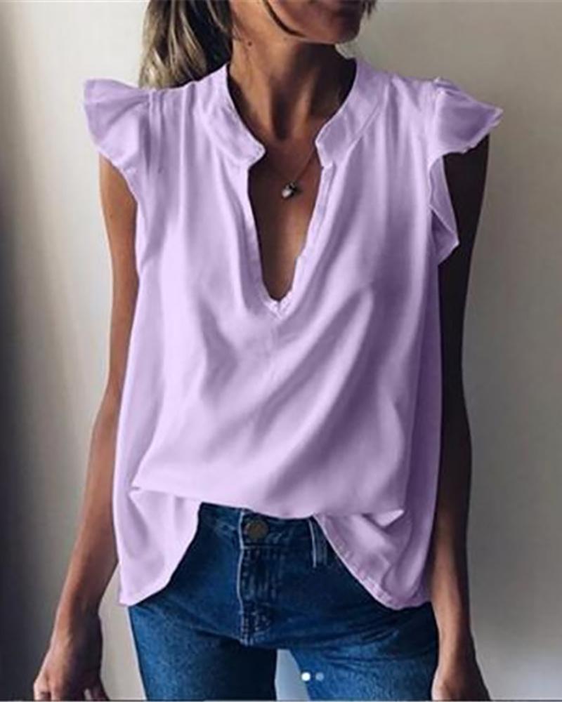 

Deep-V Ruffles Sleeve Solid Top, Purple