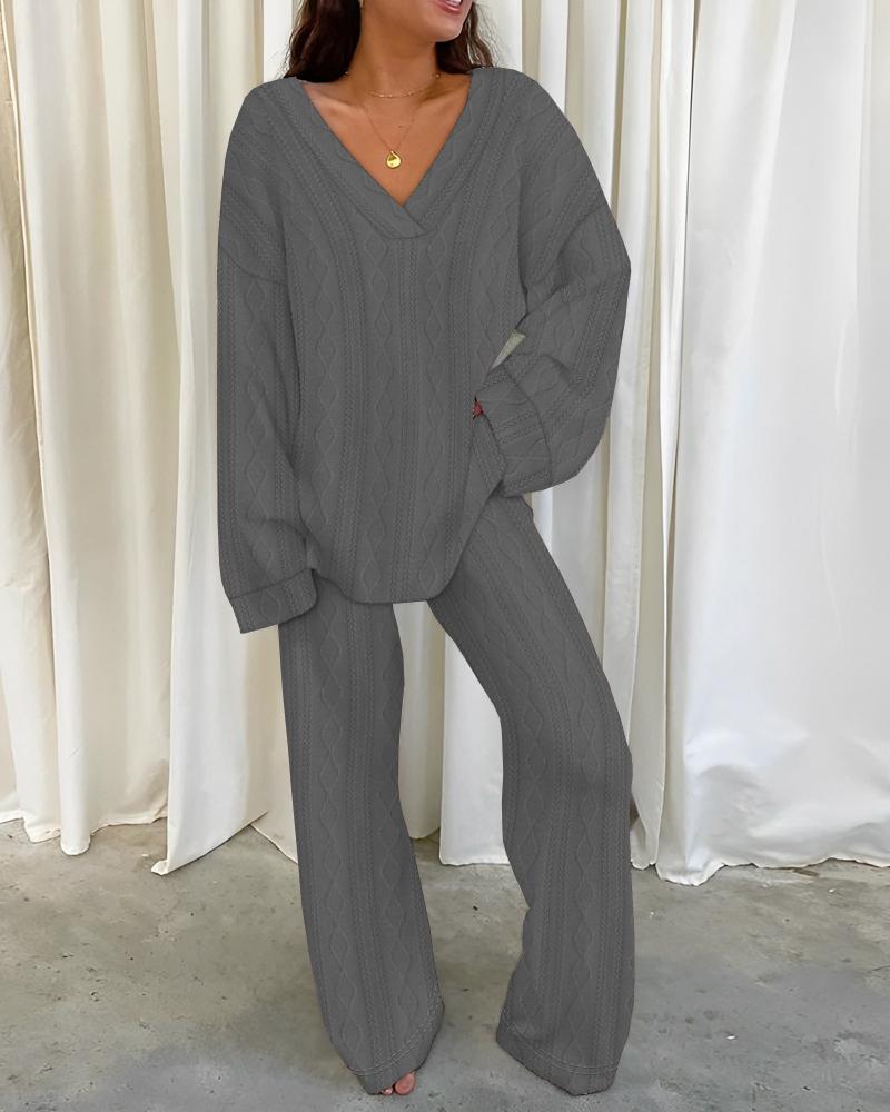 

Long Sleeve Cable Textured Top & Pants Set, Gray