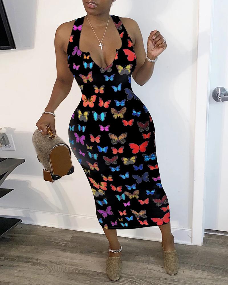 

Butterfly Print Plunge Midi Dress, Black