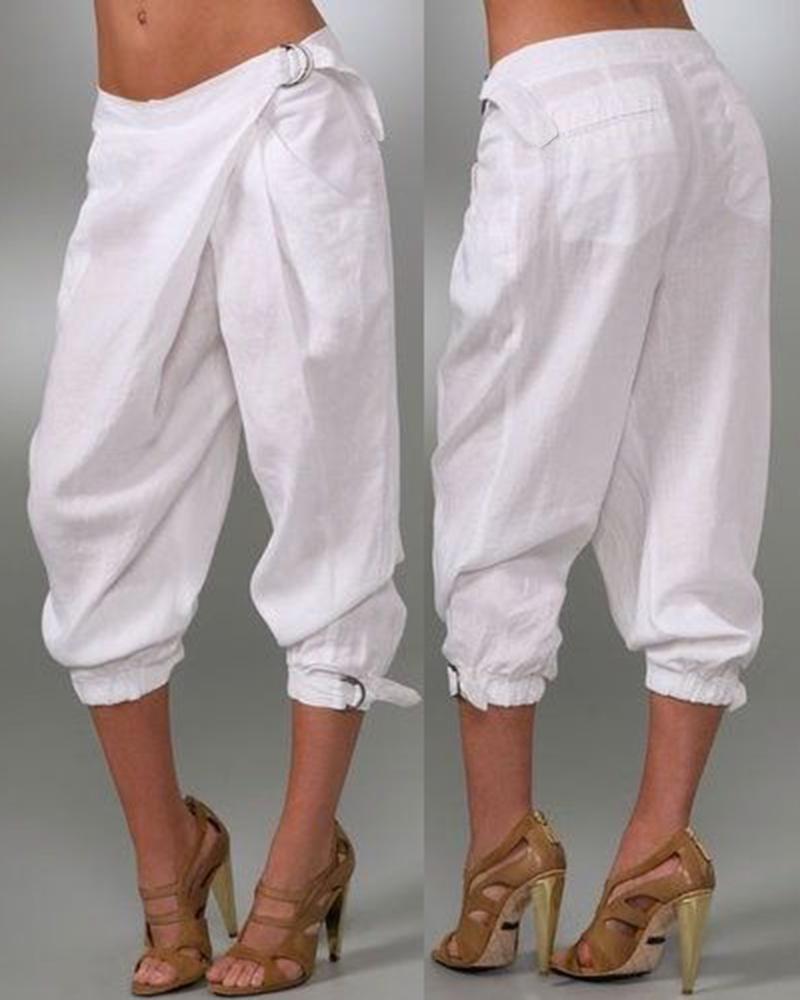 

Buckled Pocket Design Cuffed Pants, White