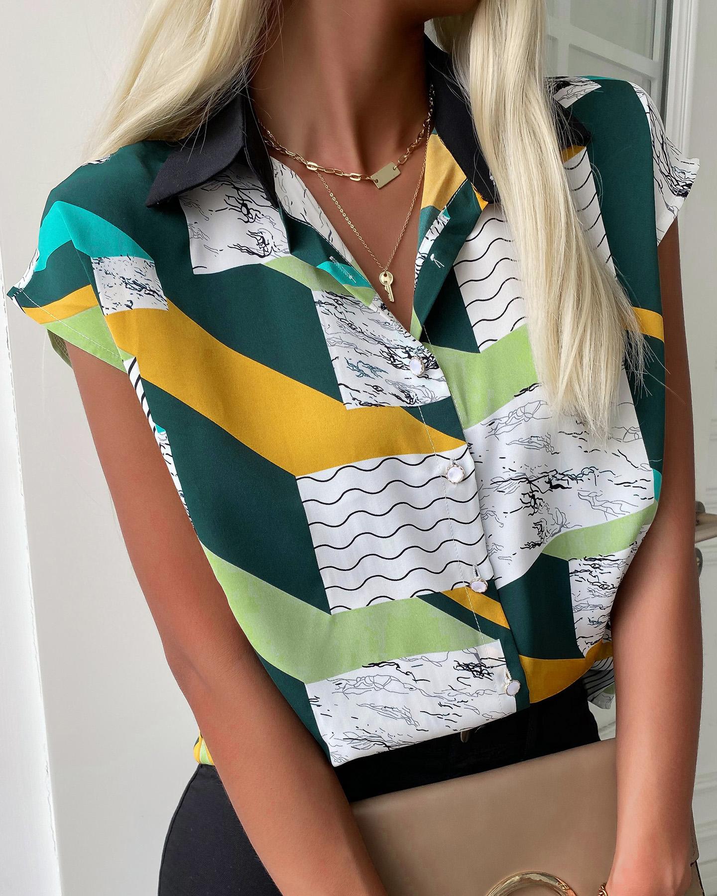 

Colorblock Short Sleeve Button Design Shirt, Multicolor