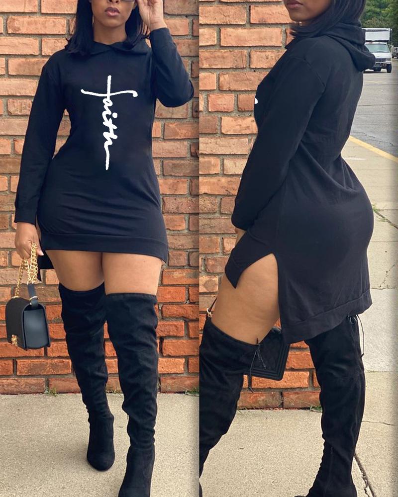 

Faith Print Split Hem Long Sleeve Sweatshirt Dress, Black