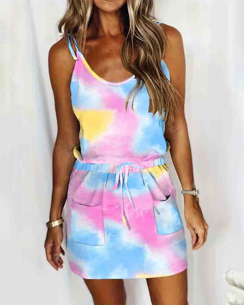 

Tie Dye Print Drawstring Casual Dress, Blue