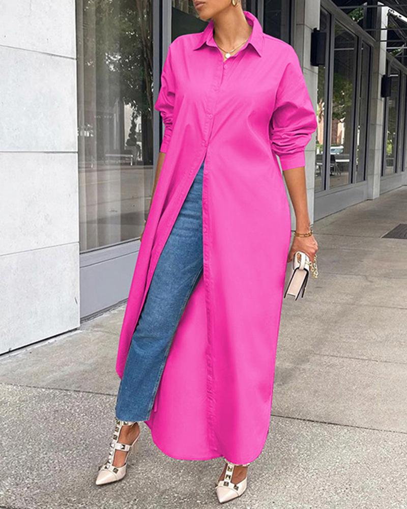 

Long Sleeve Buttoned Slit Shirt Dress, Rose red