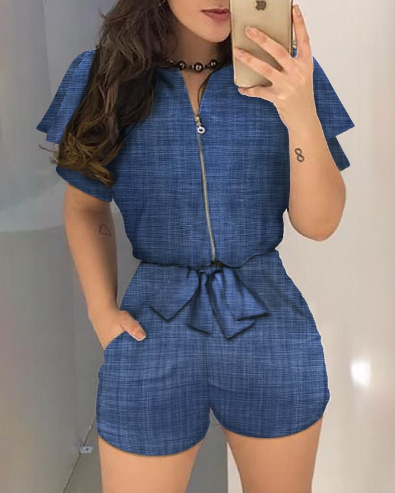 

Denim Look Print Zipper Design Top & Shorts Set, Blue