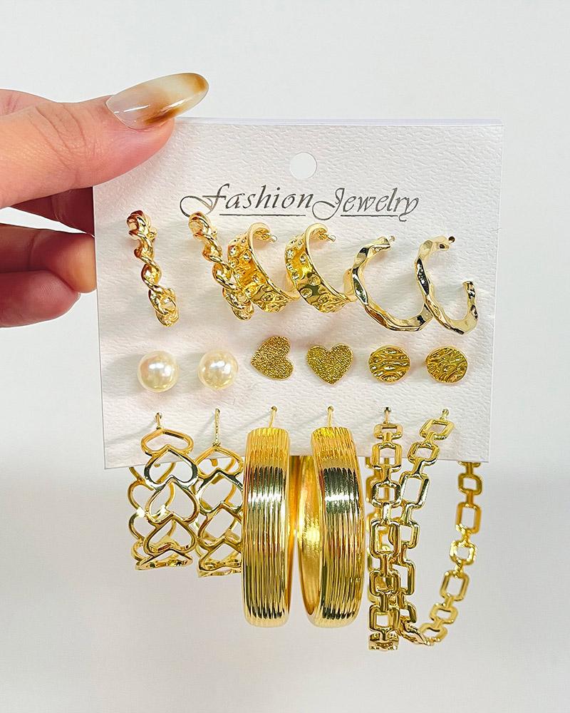 

9Pair Geo Heart Shaped Vintage Earrings Set, Gold