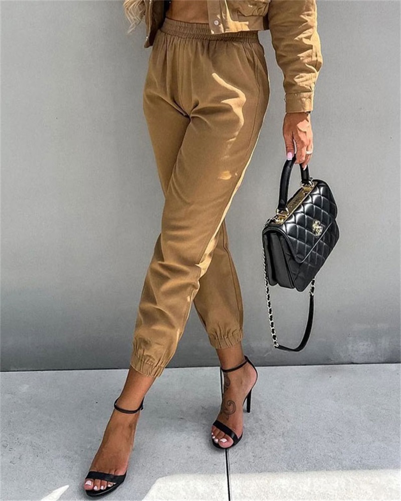

Elastic Waist Casual Cuffed Pants, Khaki