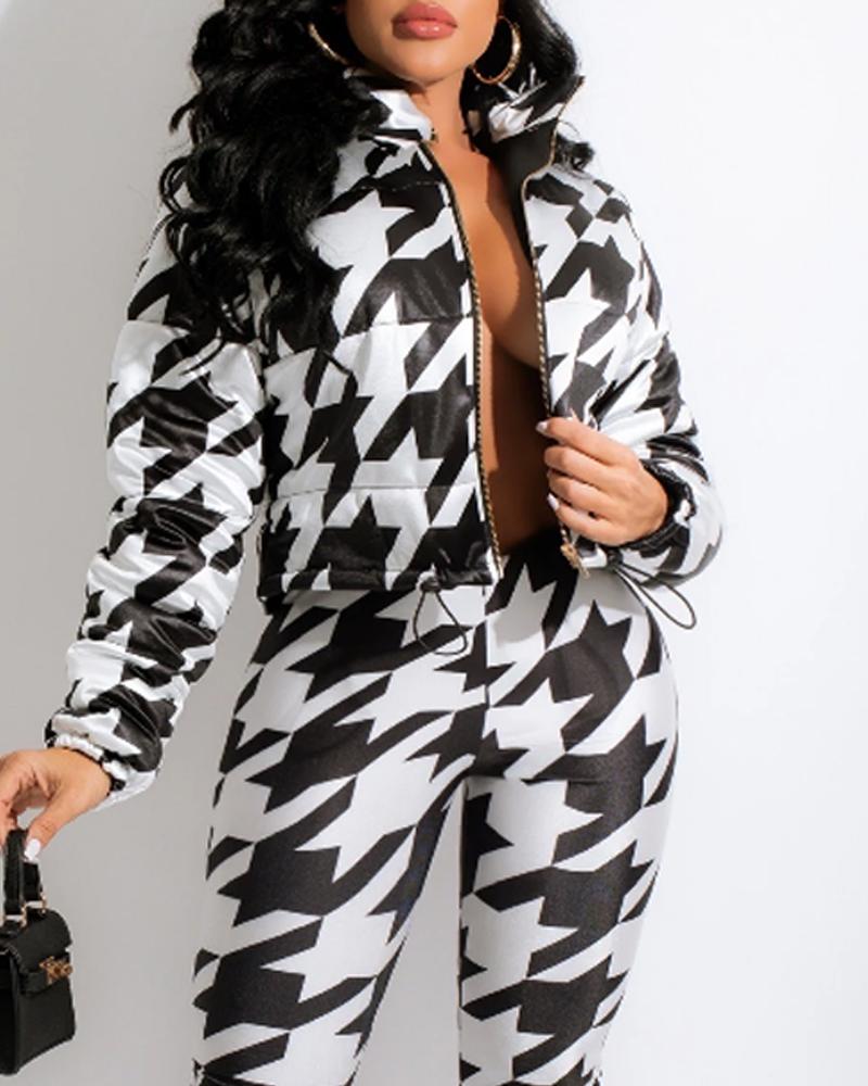 

Houndstooth Print Zip Up Puffer Coat, Style1