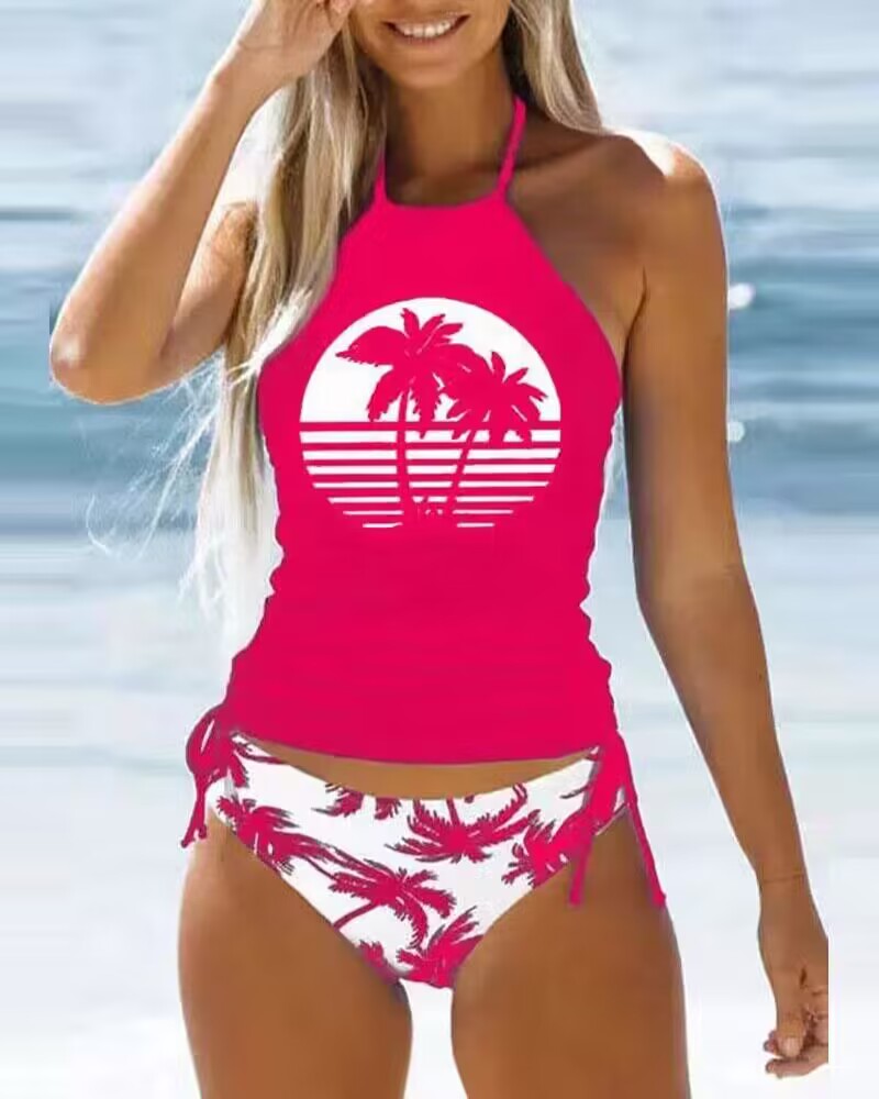 

Coconut Tree Print Drawstring Ruched Halter Tankini Set, Rose red
