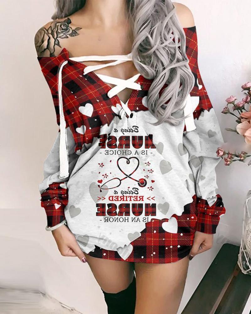 

Christmas Plaid Letter Heart Print Eyelet Lace-up Sweatshirt Dress, Red