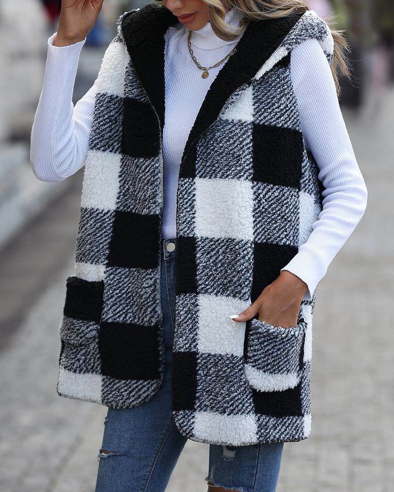 

Plaid Print Sleeveless Hooded Teddy Coat, Black