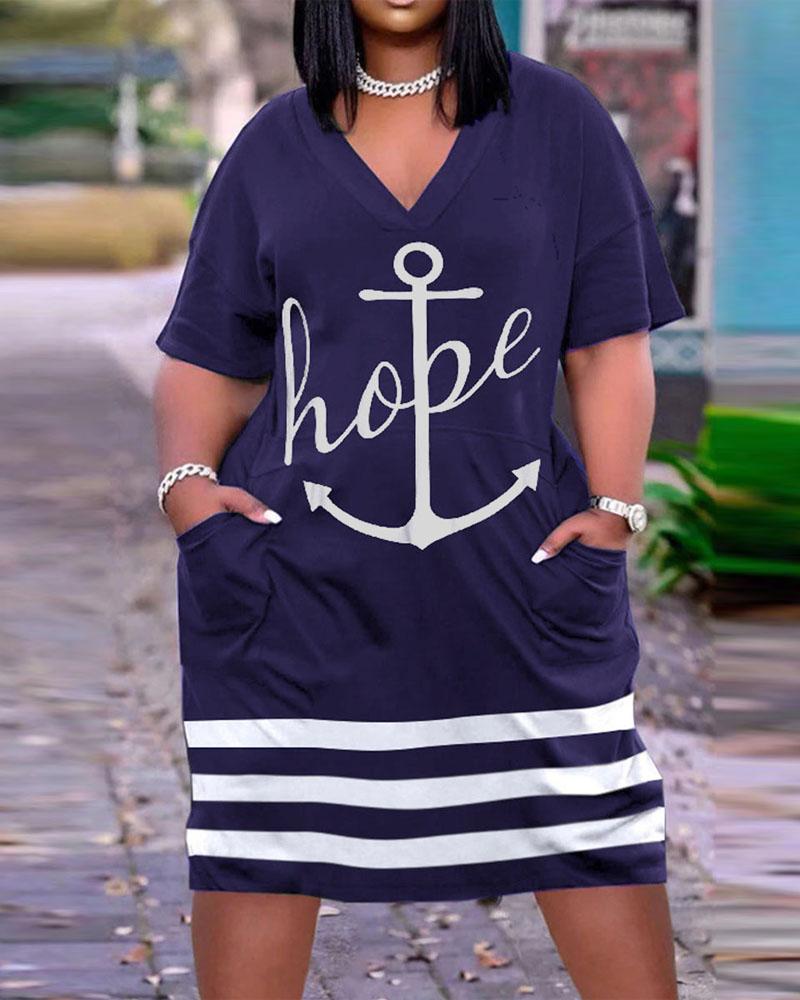 

Plus Size Hope Anchor Striped Print Pocket Design Casual Dress, Blue